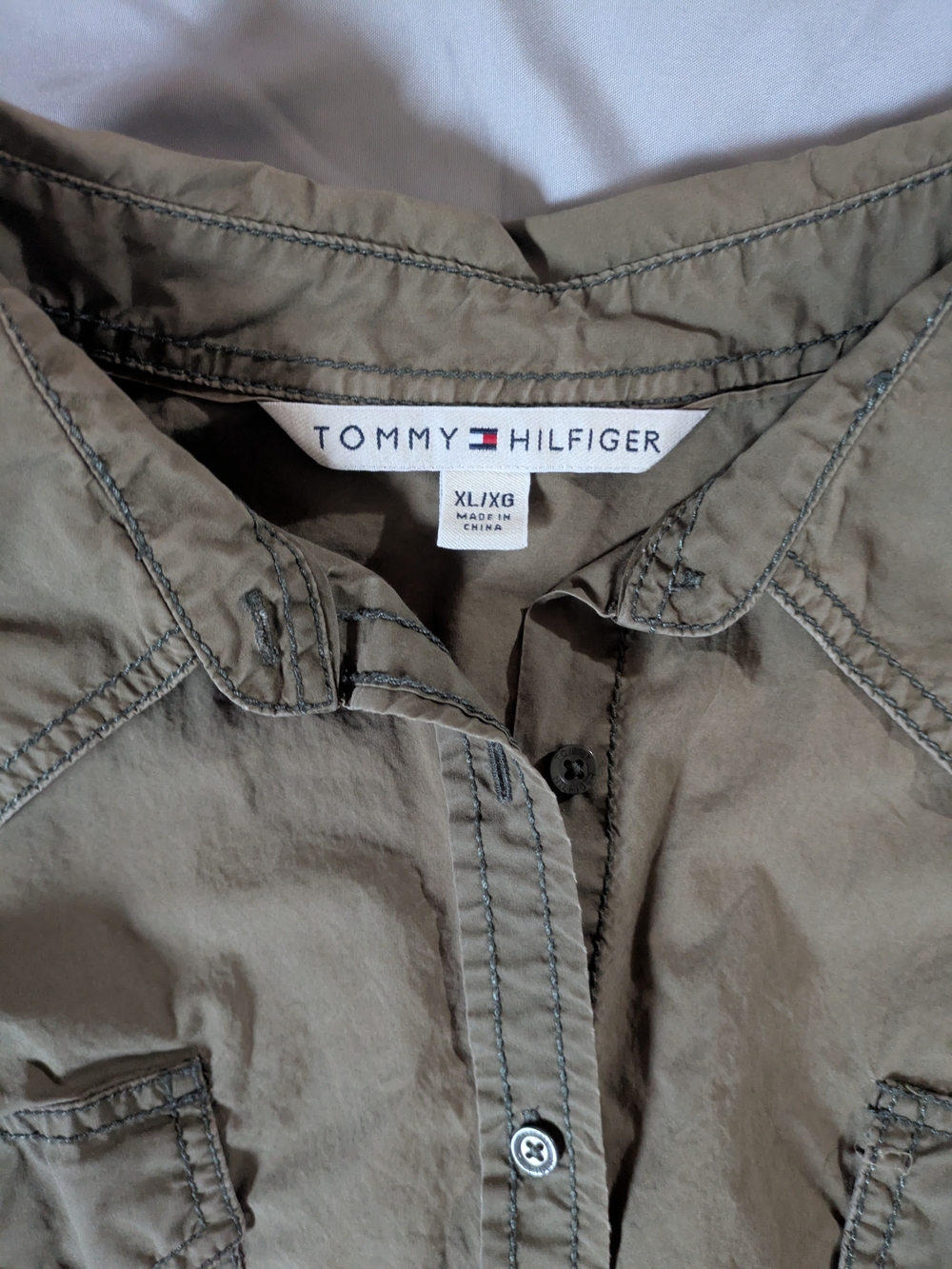 Tommy Hilfiger Women XL Olive Green Utility Safari Shirt Roll Tab Sleeve Cotton